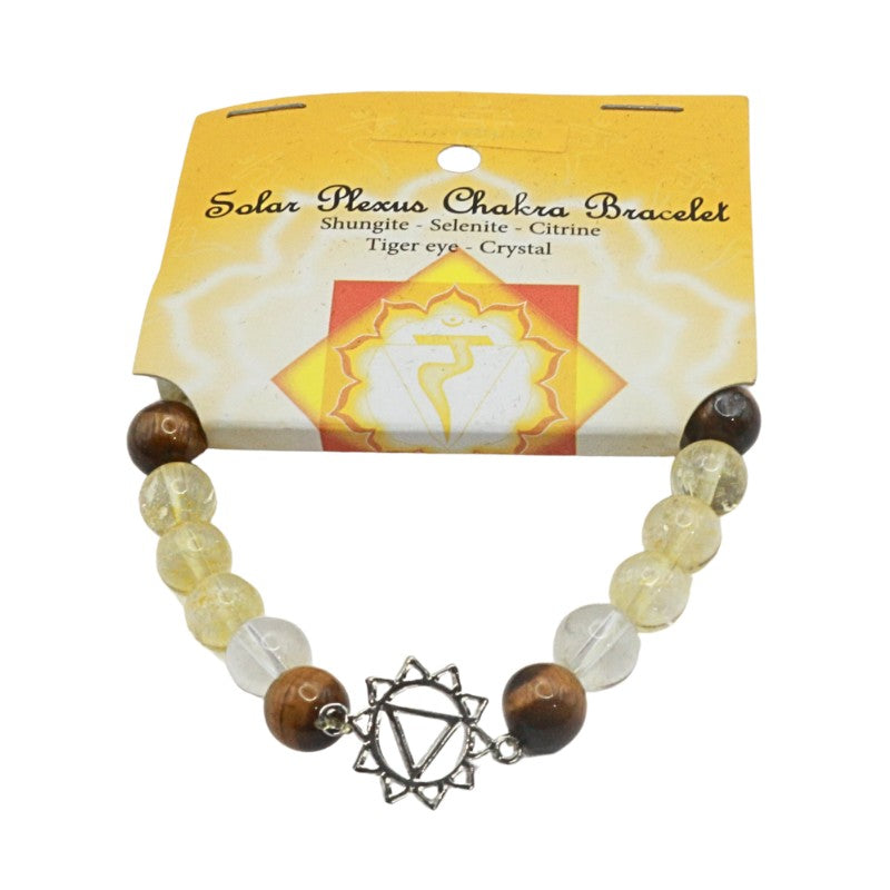 Solar Plexus Chakra bracelet with beads and a symbol on a white background