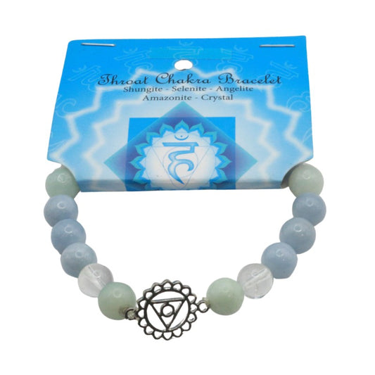 Bracelet with beads and a central symbol on a blue card with white designs