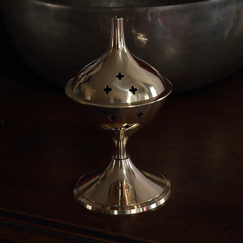 Brass Charcoal Incense Cone Burner On Stand 14cm Curious Cauldron brass-charcoal-incense-cone-burner-on-stand-14cm-curious-cauldron