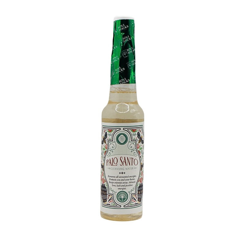 Bottle of Palo Santo with a green label on a white background