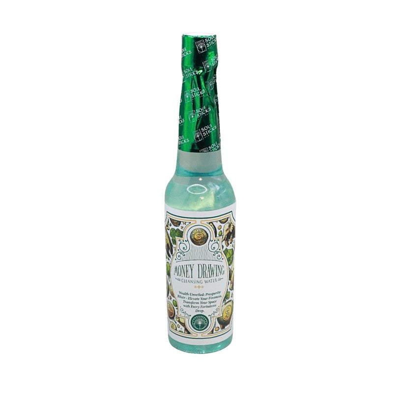 bottle of cleansing water with "money drawing" written on the labels and coins
