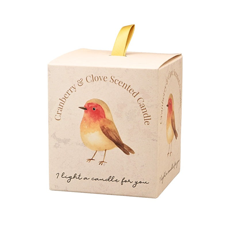 candle gift box with glass jar candle with a robin and wording "cranberry & clove scented candle.. i light a candle for you"
