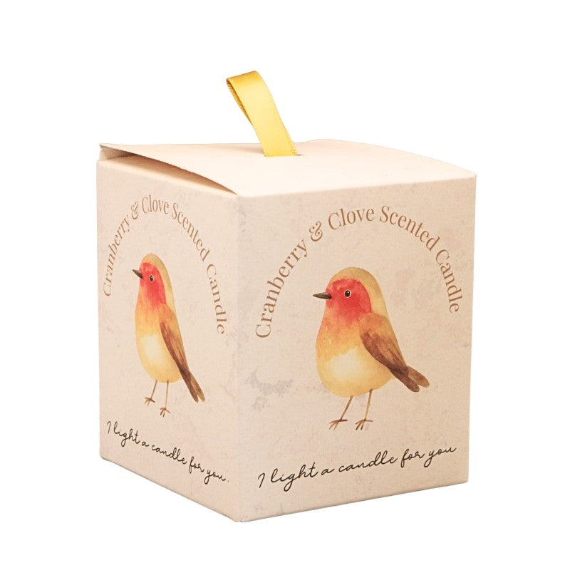 candle gift box with glass jar candle with a robin and wording "cranberry & clove scented candle.. i light a candle for you"