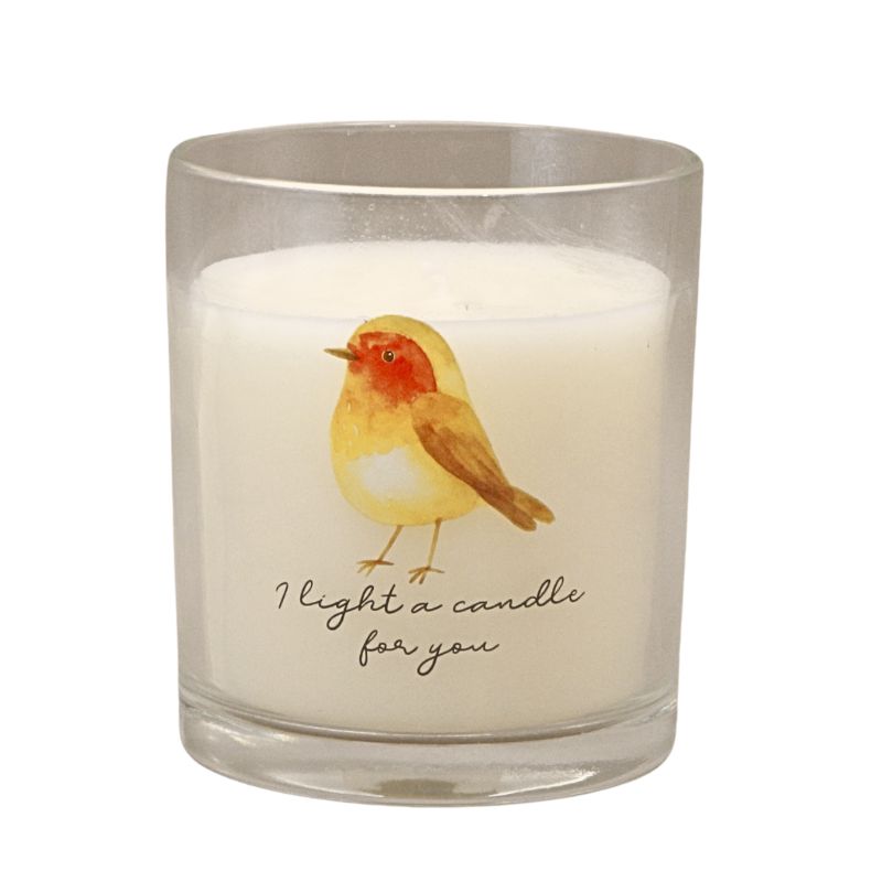 glass jar candle with a robin and wording "i light a candle for you"