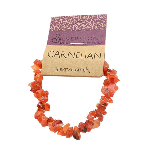 Carnelian bracelet with 'Silverstone Pure Crystals' packaging on a white background