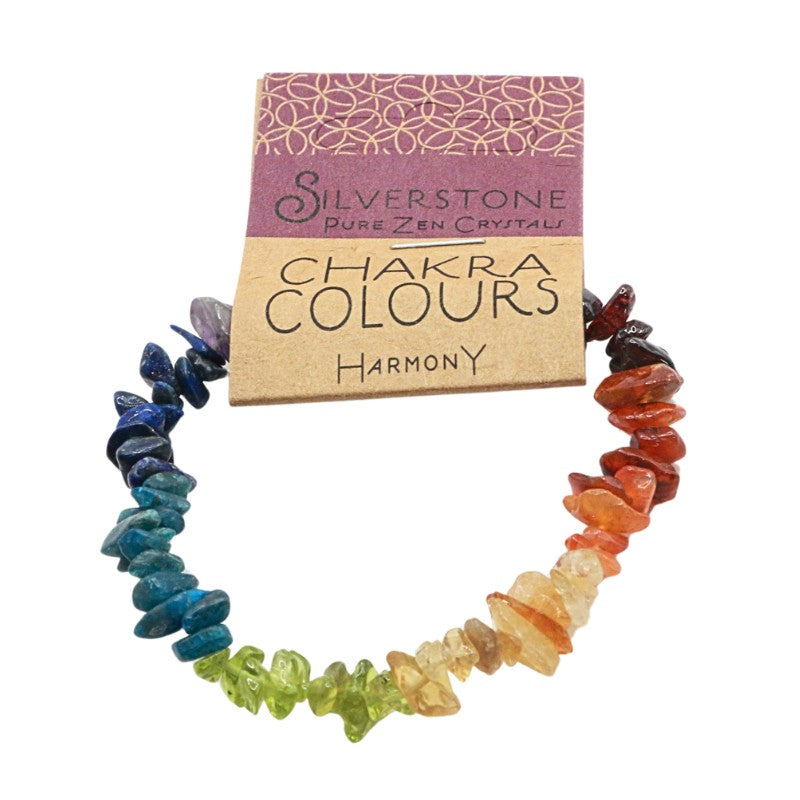 Colorful chakra bracelet with a 'Silverstone' packaging on a white background