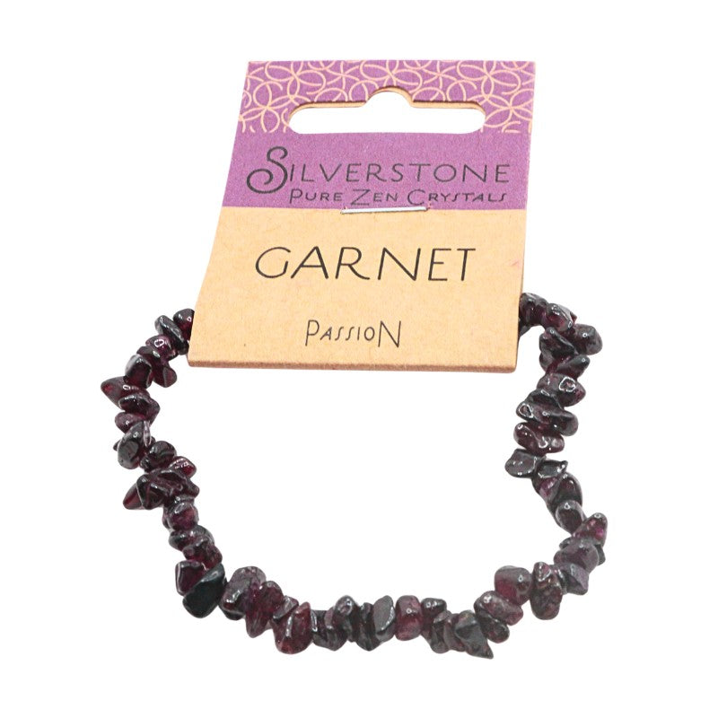 Garnet bracelet on a 'Silverstone Pure Zen Crystals' card with purple and gold design.