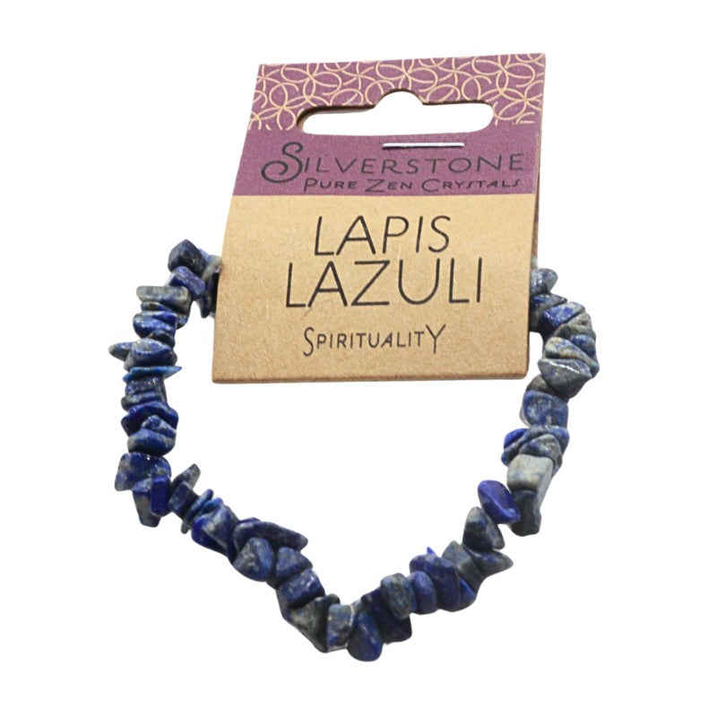Lapis Lazuli bracelet on a white background with 'Silverstone Pure Zen Crystals' packaging.