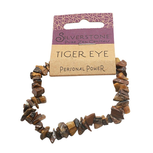 Tiger eye bracelet on a 'Silverstone Pure Zen Crystals' card with 'Personal Power' text.