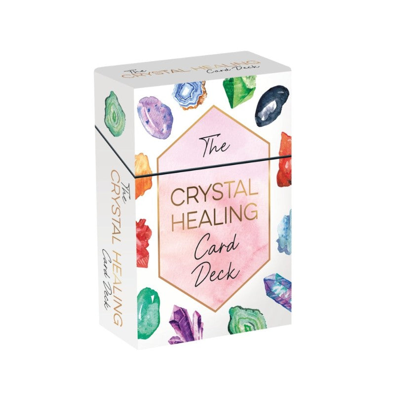 Crystal Healing Card Deck packaging with colorful gemstone illustrations on a white background