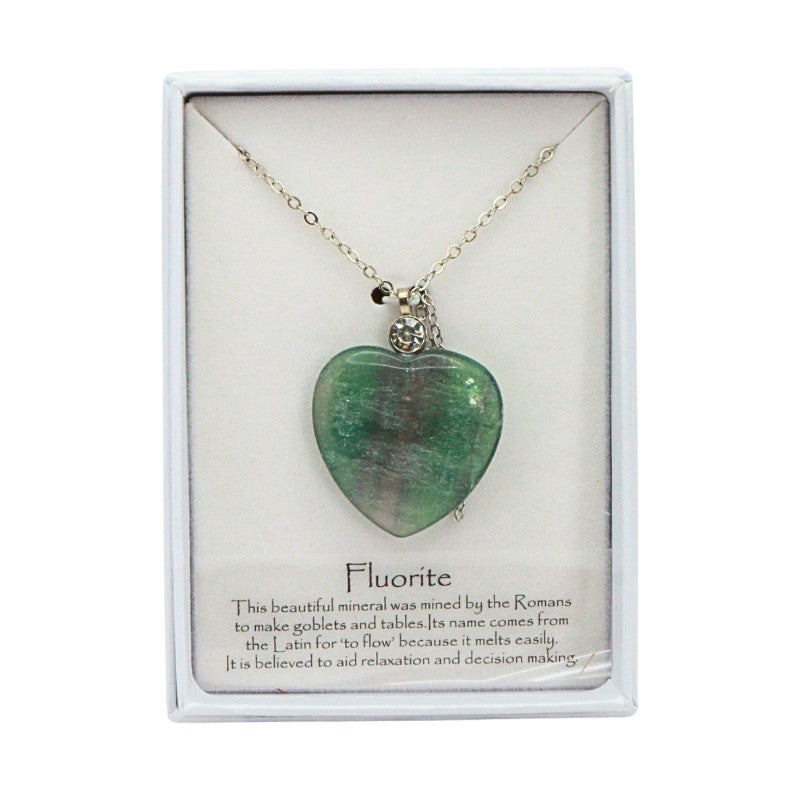 heart shaped Fluorite crystal necklace in white box
