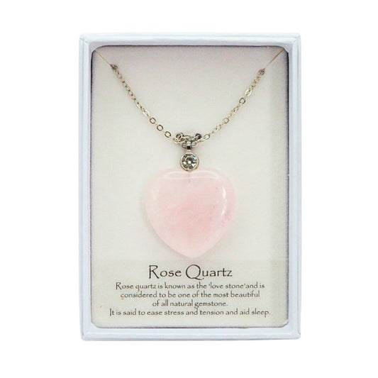 pink heart shaped rose quartz crystal necklace in white box