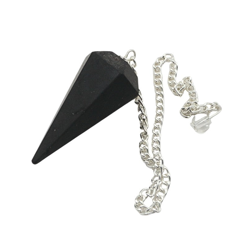 Black pyramid-shaped object with a silver chain on a white background