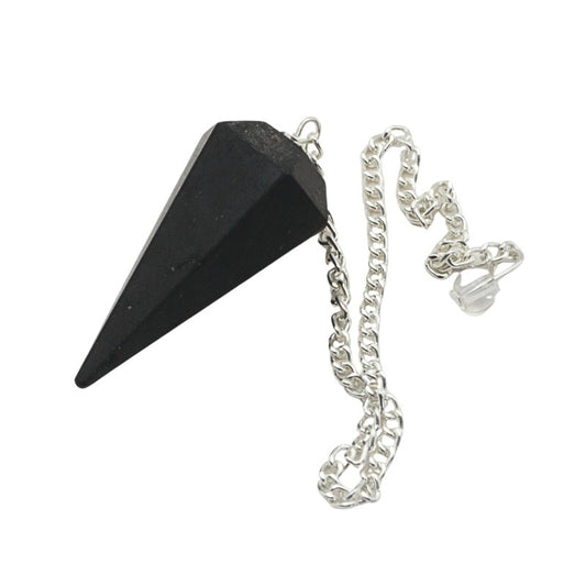 Black pyramid-shaped object with a silver chain on a white background