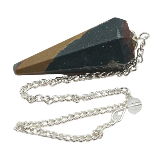 Triangular bloodstone pendant with a silver chain on a white background
