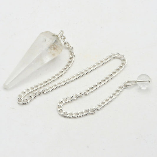 Clear crystal pendulum with silver chain on a white background