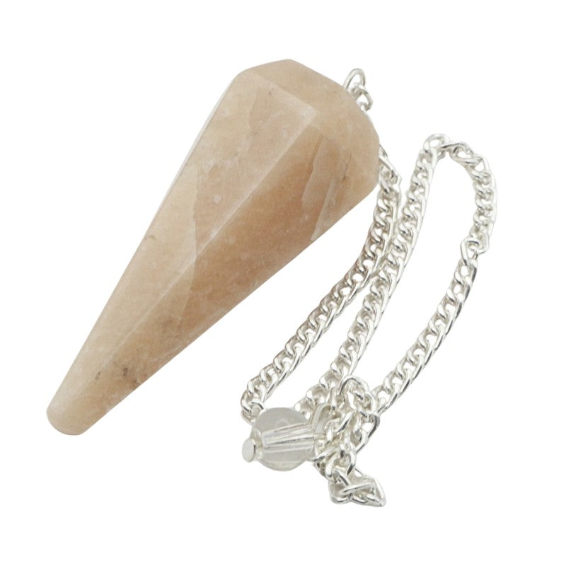 Cream Moonstone pendulum with a chain on a white background