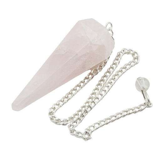 Rose Quartz Crystal pendulum with chain on a white background