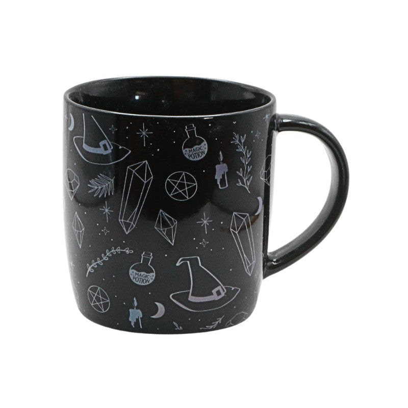 Black mug with white mystical symbols on a white background