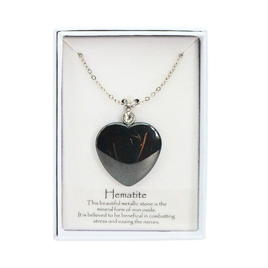 black heart shaped hematite crystal necklace in white box