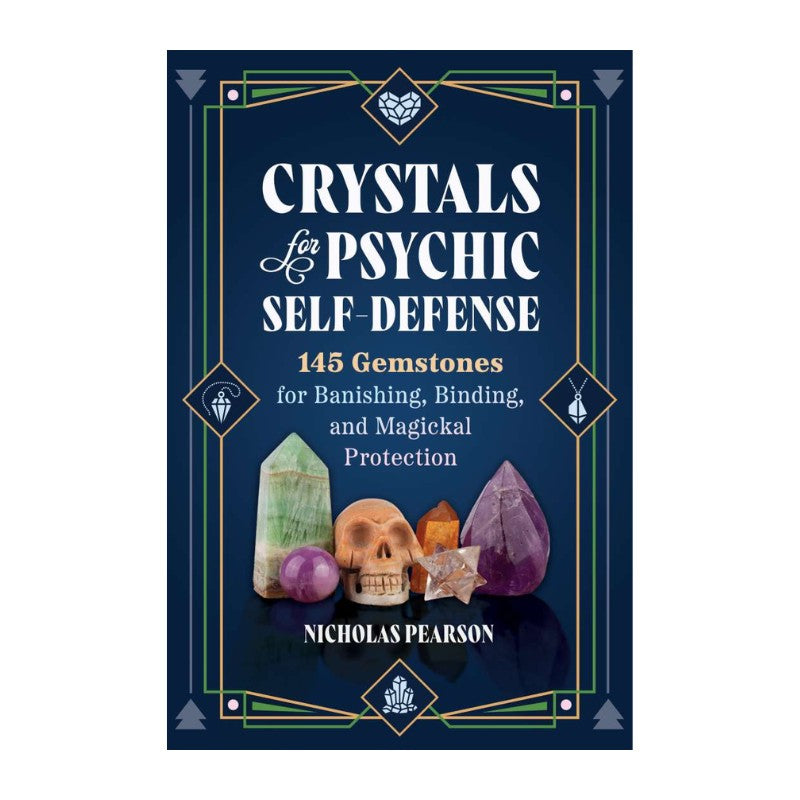 Book cover of 'Crystals for Psychic Self-Defense' with gemstones and a skull on a blue background