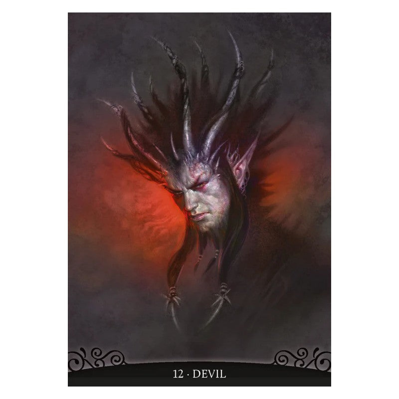 Dante's inferno oracle card showing a man with horns and pointed ears