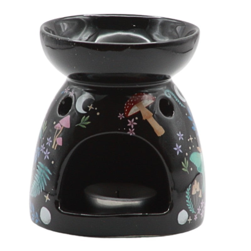 Black oil burner with mushrooms and flowers printed  on it