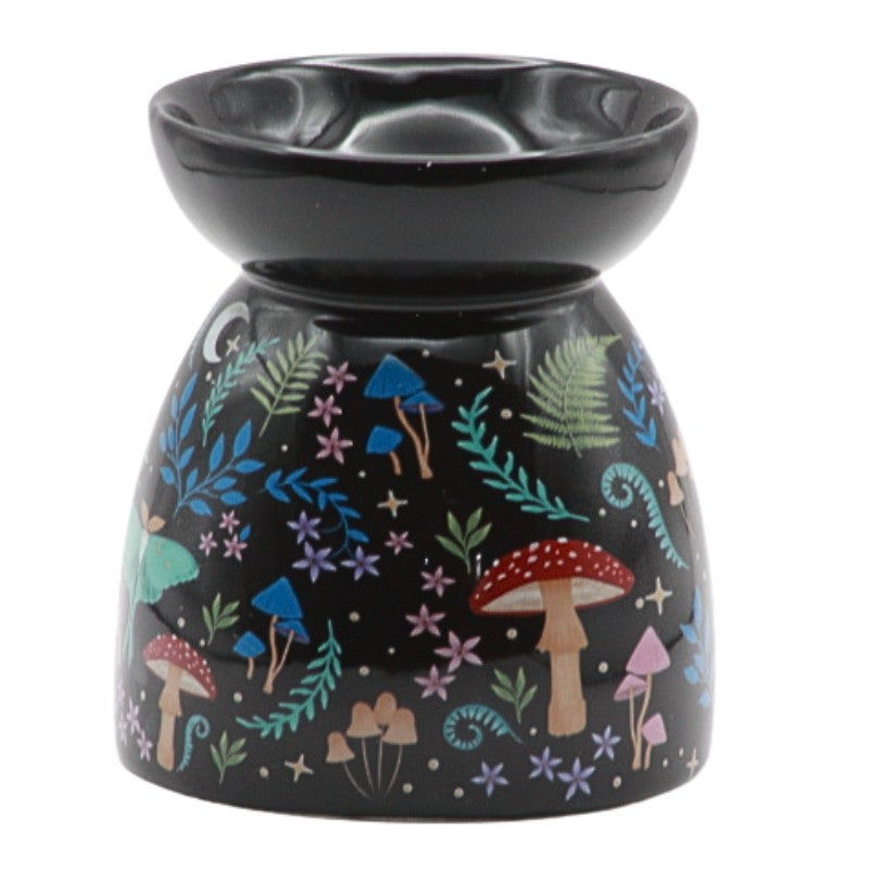 Black oil burner with mushrooms and flowers printed  on it