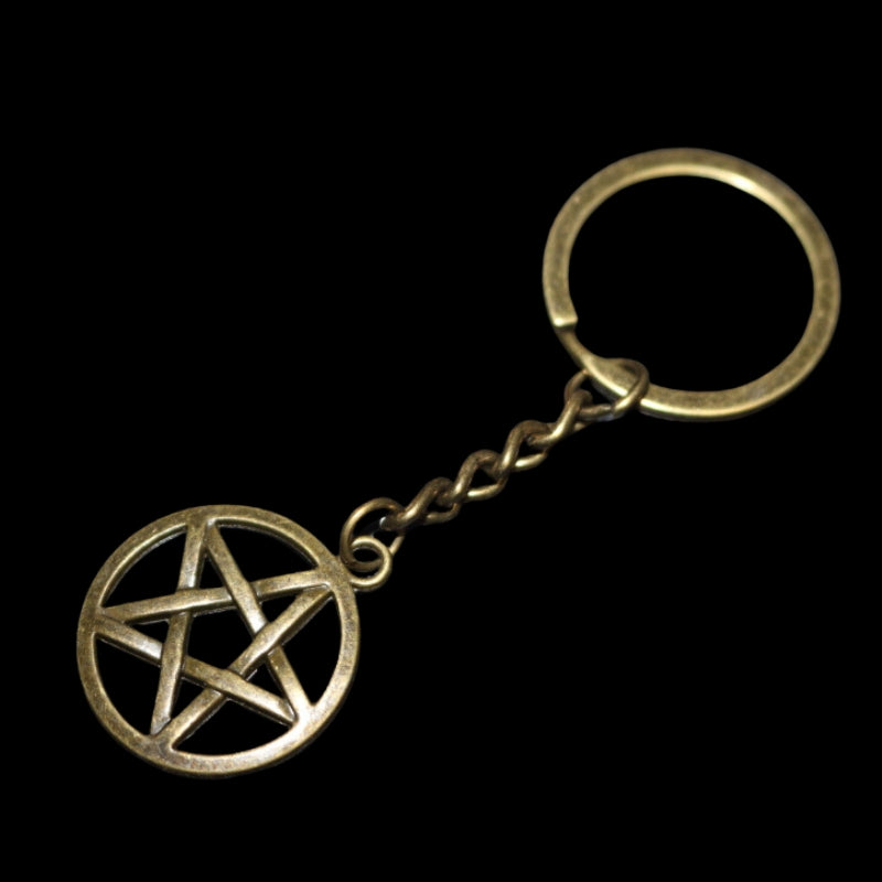 dark gold coloured key ring with a pentacle (5 pointed star within a circle) joined to a dark gold ring by a dark gold chain