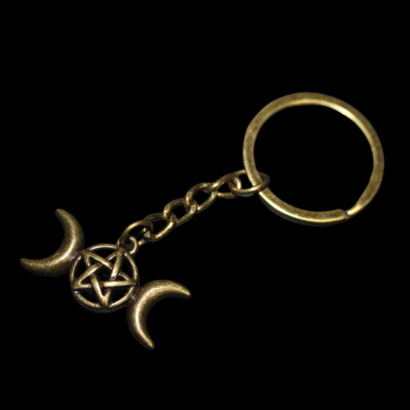 dark gold coloured key ring with a triple moon (a crescent moon on either side of a circle) with a  pentagram inside the circle (5 pointed star within a circle) joined to a dark gold ring by a dark gold chain