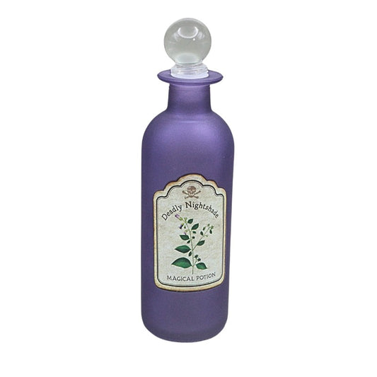 Purple potion bottle with a label on a white background