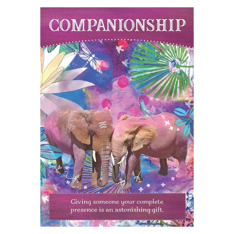 Companionship card from the divine abundance oracle deck featuring 2 elephants