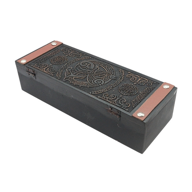 wooden storage box with dragon engraved on it
