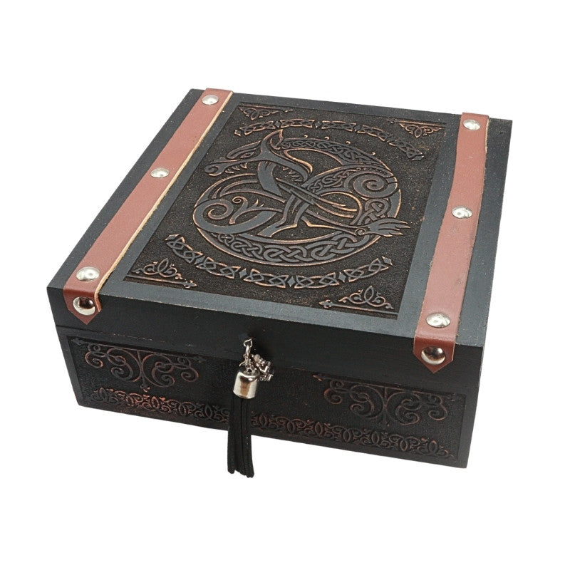 wooden storage box with dragon engraved on it
