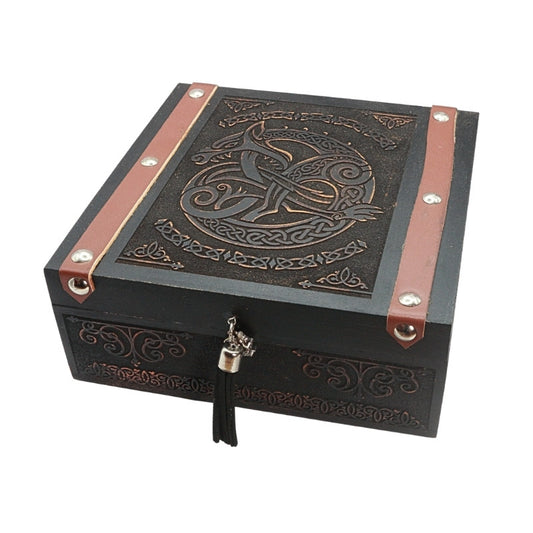 wooden storage box with dragon engraved on it