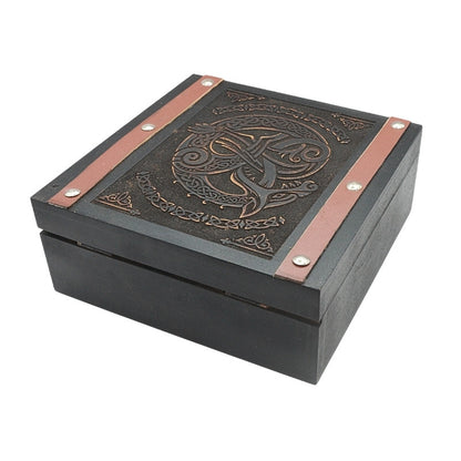 wooden storage box with dragon engraved on it