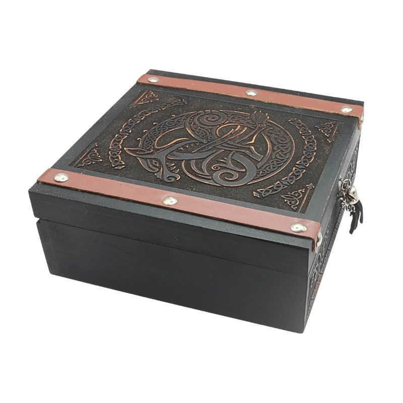 wooden storage box with dragon engraved on it