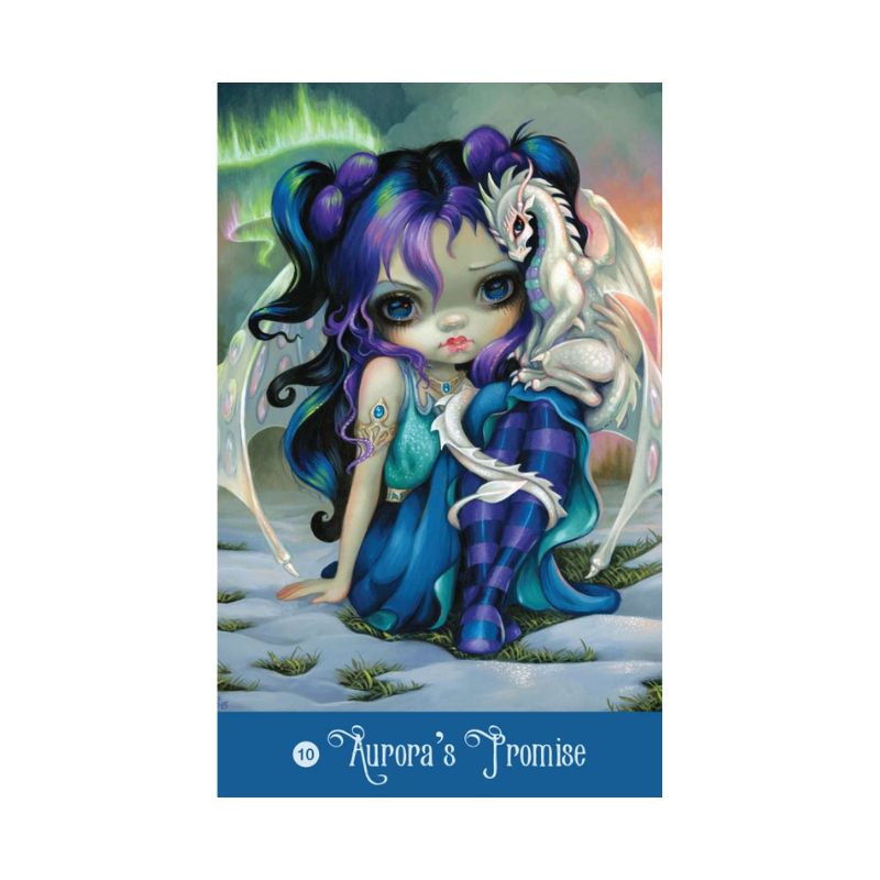 Aurora's promise oracle card with an image of a dark haired pixie and white dragon