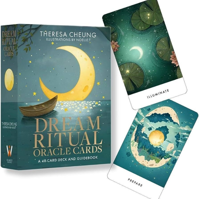 Dream Ritual Oracle Cards box with 2 cards- "illuminate" and "prepare"
