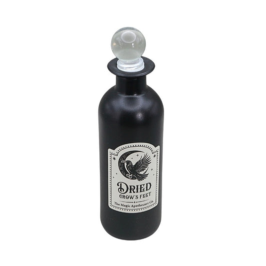 Black bottle labeled 'Dried Crow's Feet' on a white background