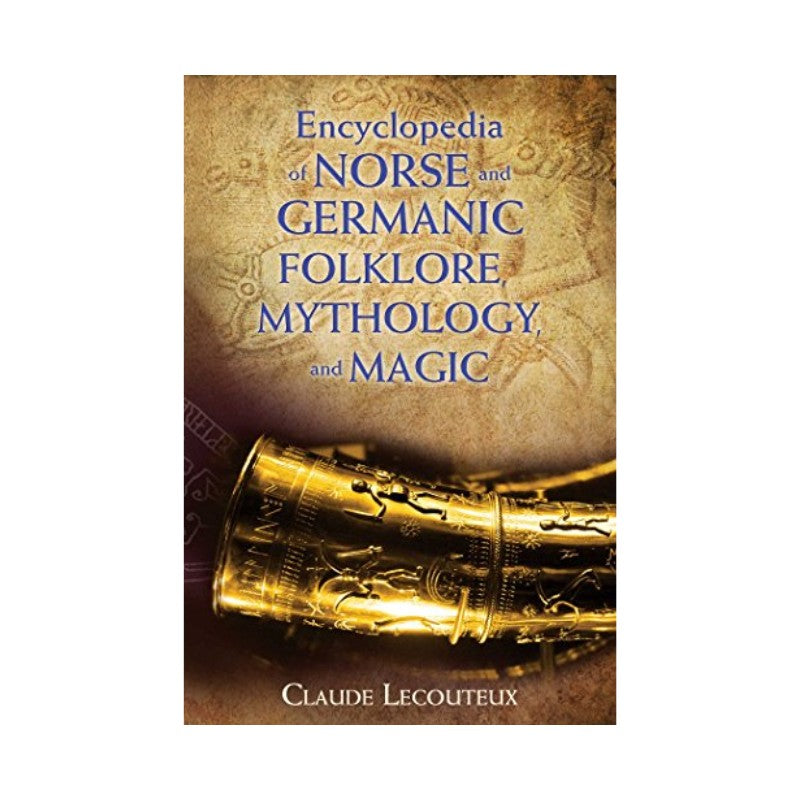 Book cover of 'Encyclopedia of Norse and Germanic Folklore Mythology and Magic' with a gold artifact on a textured background.