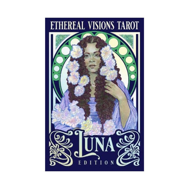 Ethereal Visions Tarot Luna Edition cover with a woman holding flowers on a white background