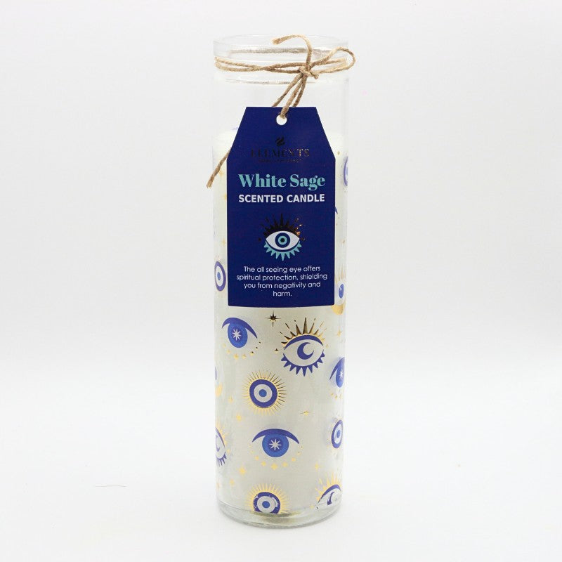 white candle in glass jar with the all seeing eye printed on it