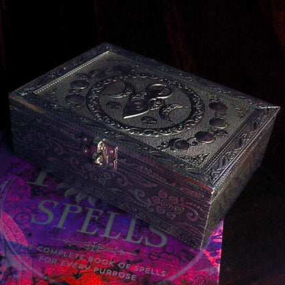 Embossed Metal Tarot Box- Goddess on top of a book of spells