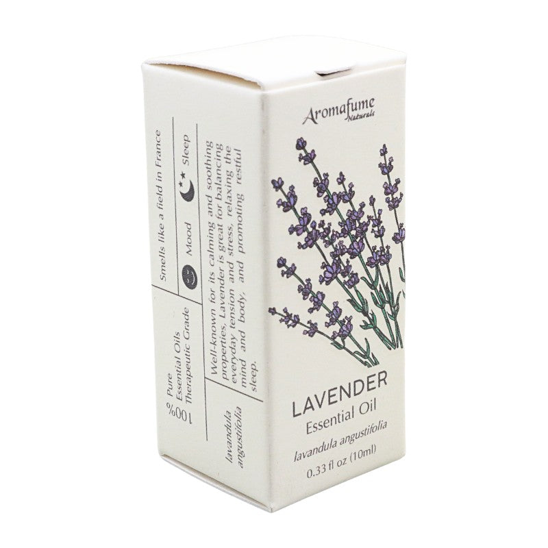 Amafume Lavender Essential Oil box, 10ml (0.33 fl oz), featuring a cream-colored packaging box with a purple lavender illustration and product details printed on the side.