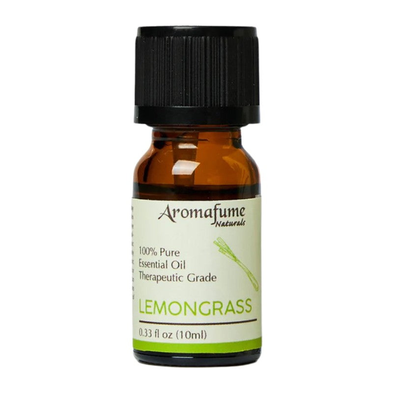 A 10ml amber glass bottle of Aromafume Naturals Lemongrass essential oil with a black cap and a cream-colored label.