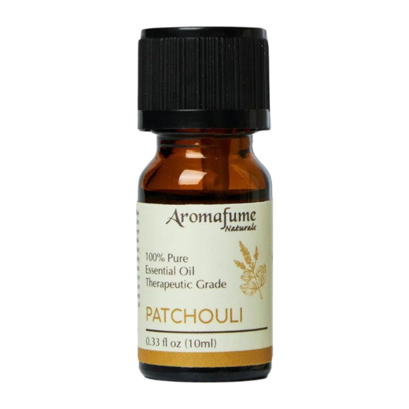 A small amber glass bottle of Aromafume Naturals Patchouli essential oil with a black cap and cream label, shown on a plain white background.