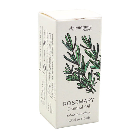 A 10ml box of Aromafume Naturals Rosemary Essential Oil, featuring a white box with a green rosemary illustration and black text.