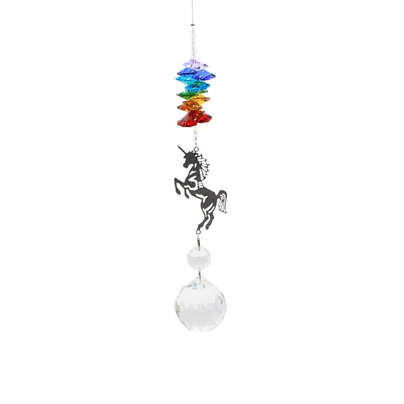 suncatcher featuring a unicorn and a glass ball hanging from  multi coloured beads.