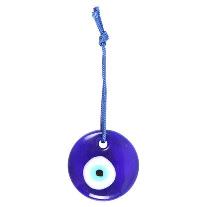 Flat glass bead blue with a white and blue centre to resemble an eye. Hanging from a blue cord